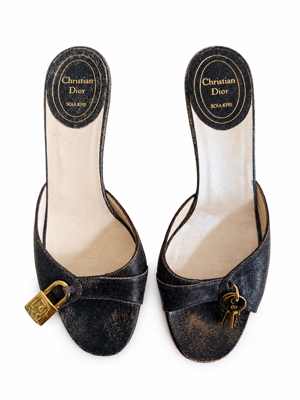 Vintage Dior / Galliano Black Leather Slide Mules with Gold Padlock & Key Charms